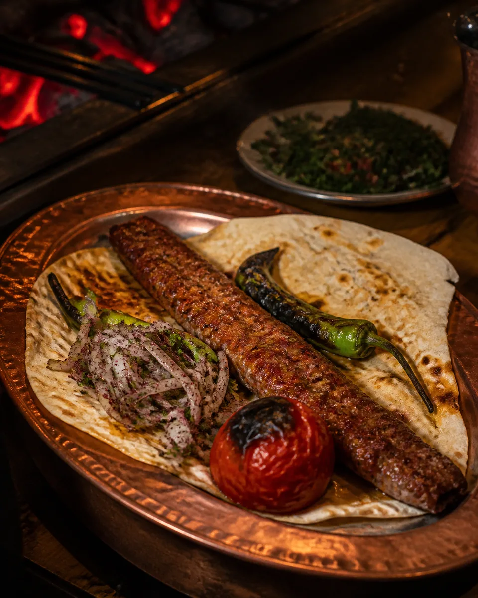 Kömür ateşinde hazırlanmış Adana kebap tabağı